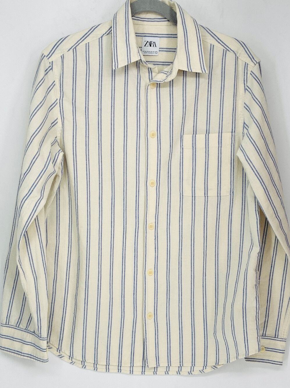 Zara Men M Cream Blue Striped Textured Shirt Coastal Riviera Resort Button Up